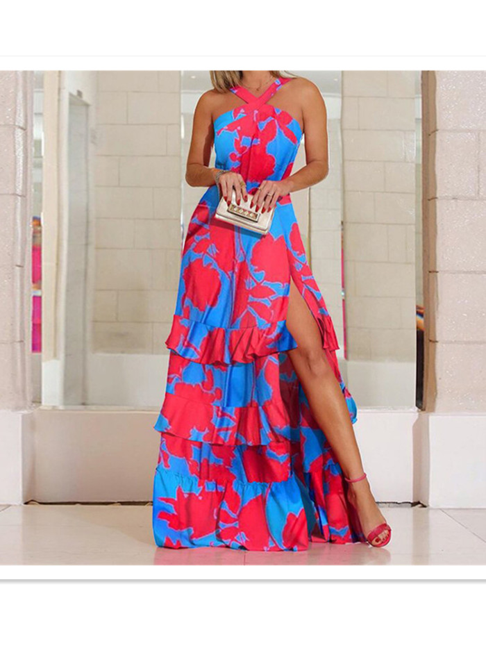 Women Fashion Sexy Bohemian Print Cutout Wedding Guest Dress