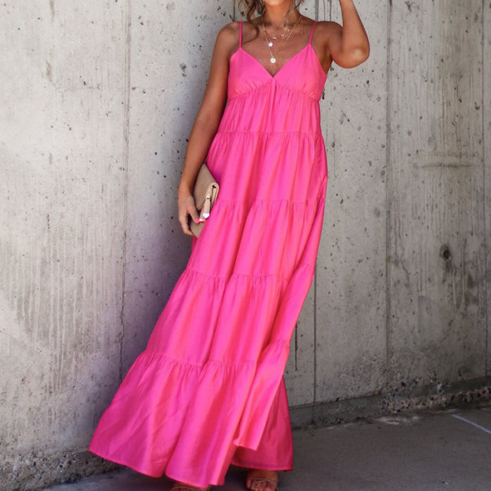 Sexy V-Neck Suspenders Large Swing Casual Backless Maxi Dress