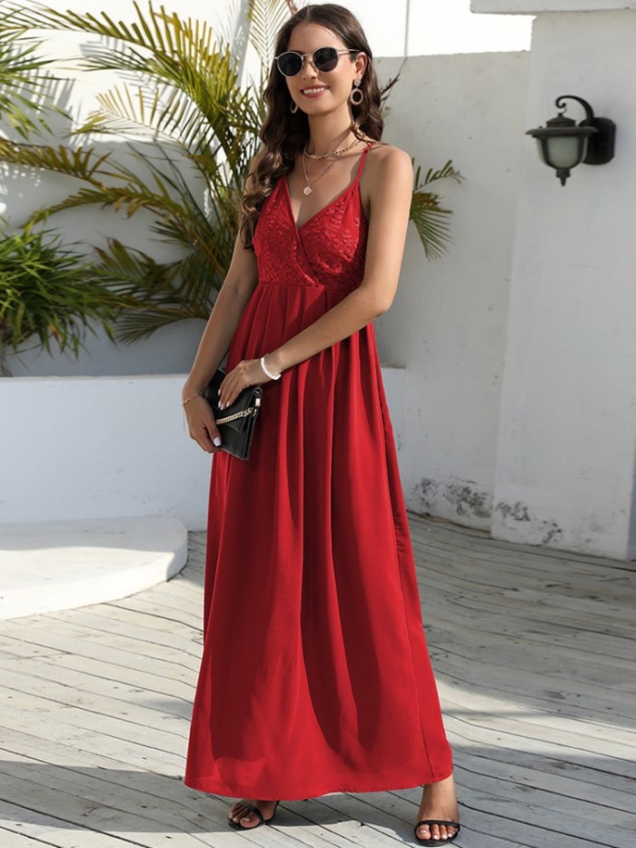 Summer Lace Sleeveless V Neck Sexy Fit Party Elegant  Maxi Dress