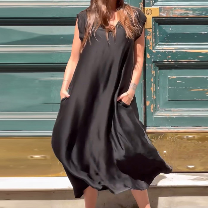 Fashion Elegant Solid Color Satin Sexy V Neck Sleeveless Casual Dress