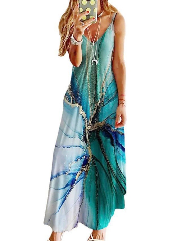 Summer V-Neck Sexy A-Line Print Loose Party Sling  Maxi Dress