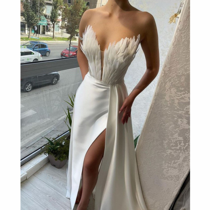 Elegant Sleeveless High Waisted Bustier Sexy Feather Slit Evening Wedding Guest Dress