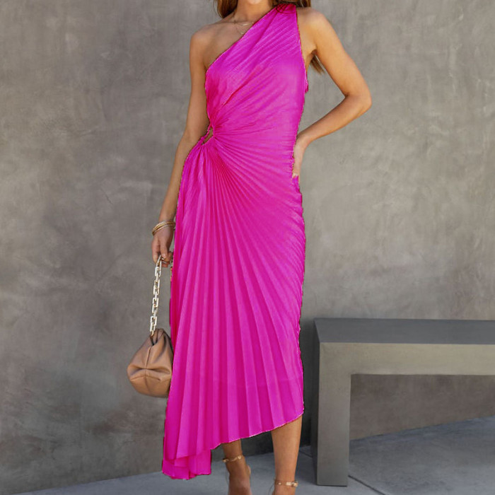 Summer One Shoulder Irregular Fashion Sexy Party Hollow Pleated  Maxi Dress