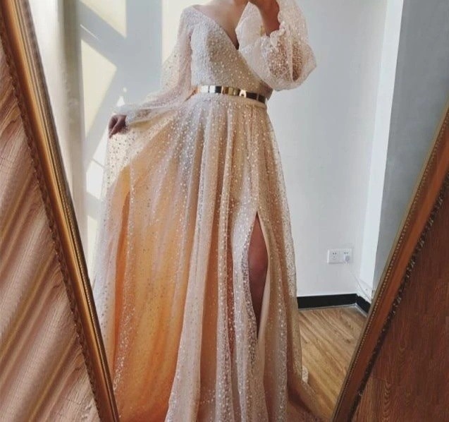 Fashion Long Sleeve V Neck Solid Color Slim Party Sexy Wedding Guest Dress