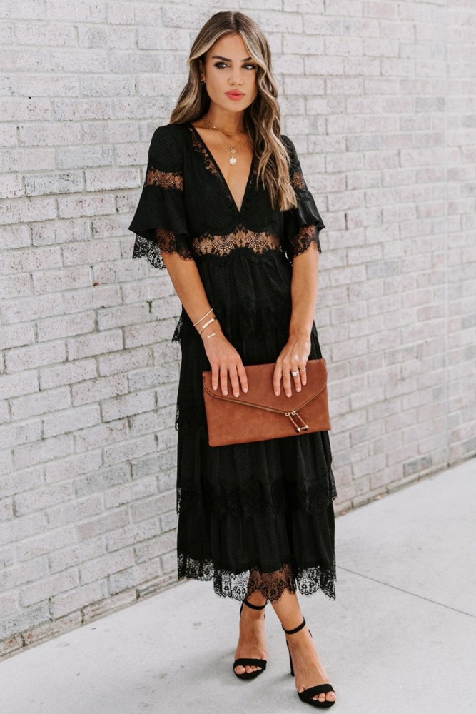 Fashion Ladies Half Sleeve Bohemian Deep V Neck Lace Solid  Maxi Dress