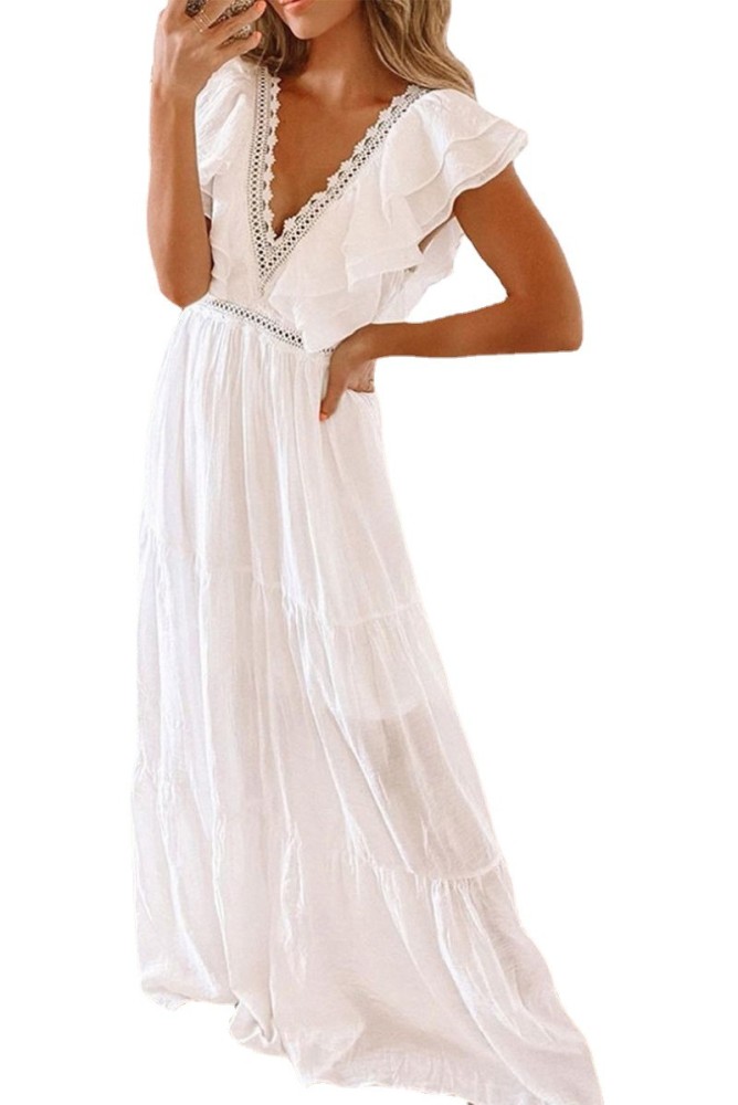 Fashion Solid Lace Bohemian Deep V Neck Ruffle  Wedding Guest Dress