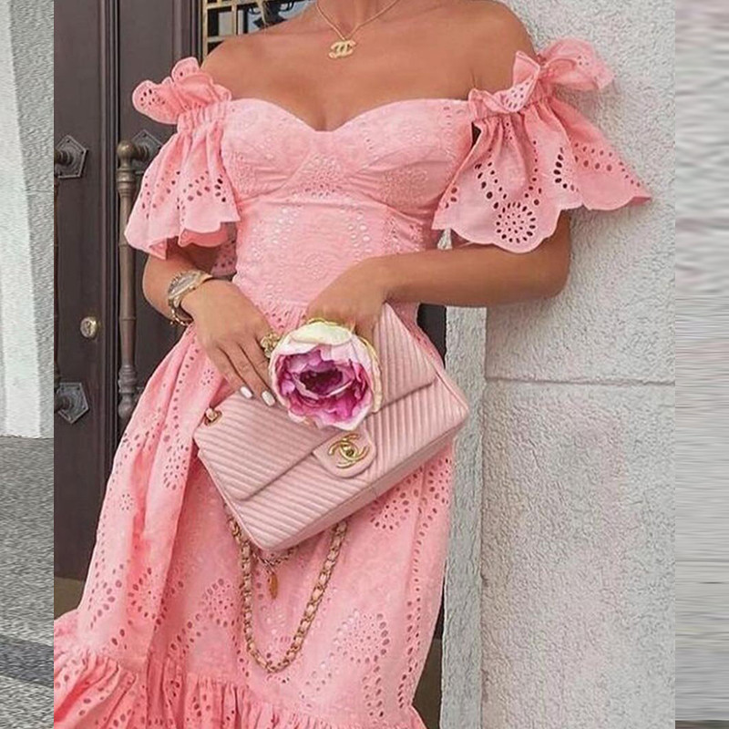 Sexy Cutout Solid Color Ruffle Loose Lace Elegant Party Wedding Guest Dress