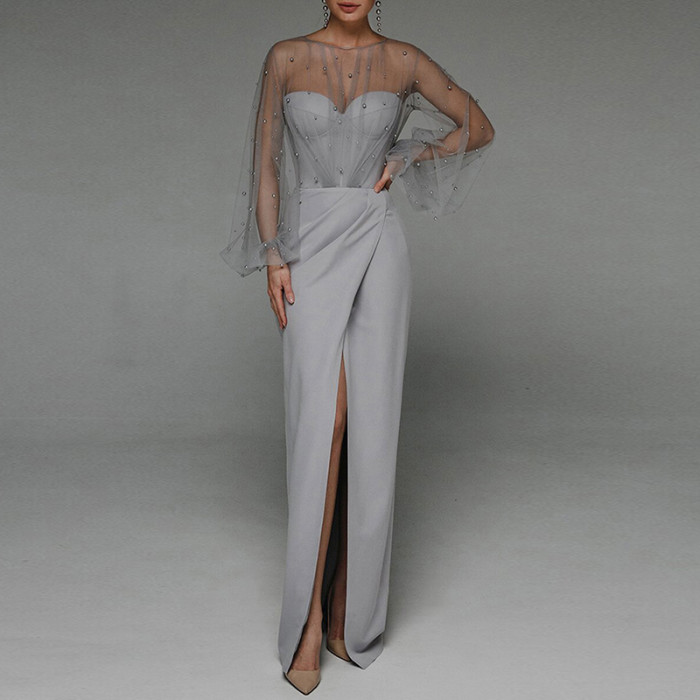 Party Elegant Puff Sleeve Hollow Mesh Tight Slit Prom Wedding Guest Dress