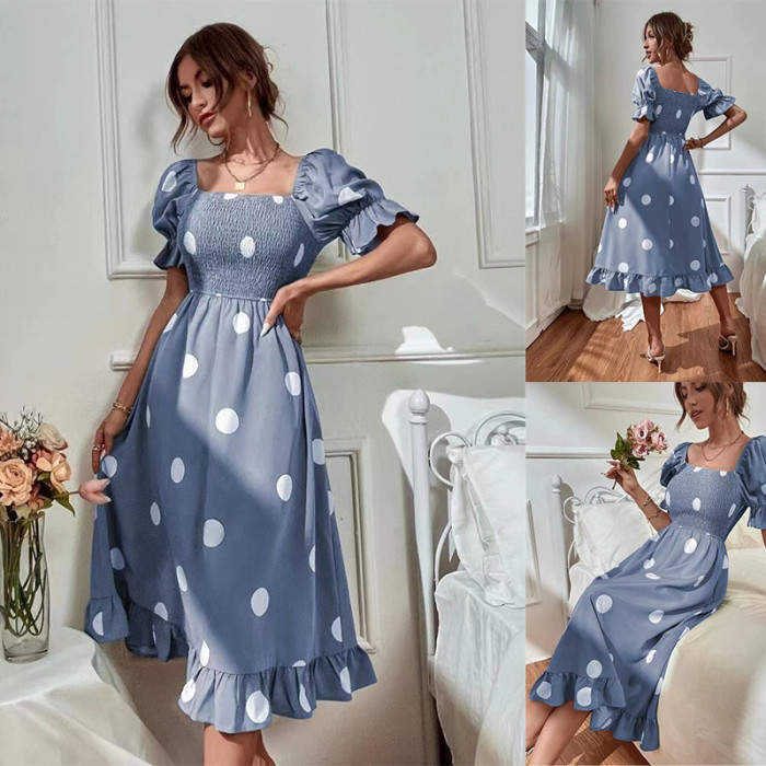 Summer Short Sleeve Square Neck Ruffle High Waist Elegant  Maxi Dress