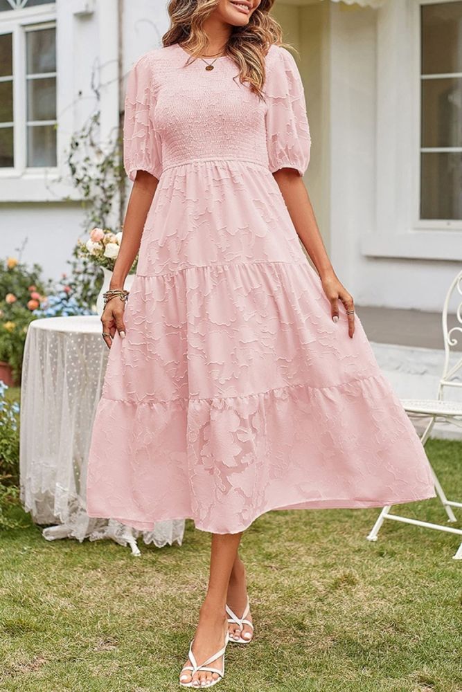 Fashion Solid Color O-neck Lace Floral Retro Loose  Maxi Dress