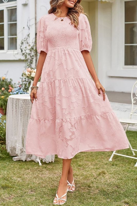 Fashion Solid Color O-neck Lace Floral Retro Loose  Maxi Dress