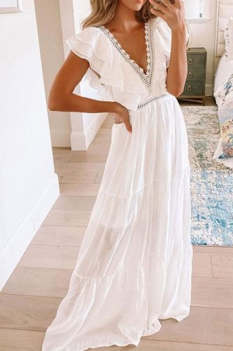 Fashion Solid Lace Bohemian Deep V Neck Ruffle  Wedding Guest Dress
