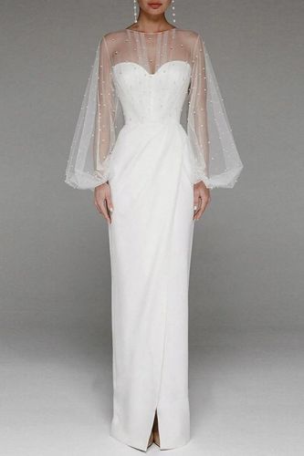 Party Elegant Puff Sleeve Hollow Mesh Tight Slit Prom Wedding Guest Dress