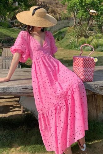 Bohemian Cutout Embroidery Sexy Deep V Neck Vintage Fashion Maxi Dress