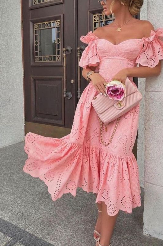 Sexy Cutout Solid Color Ruffle Loose Lace Elegant Party Wedding Guest Dress