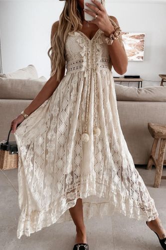 Lace Tassel V Neck Party Elegant Hollow Sleeveless Off Shoulder  Maxi Dress