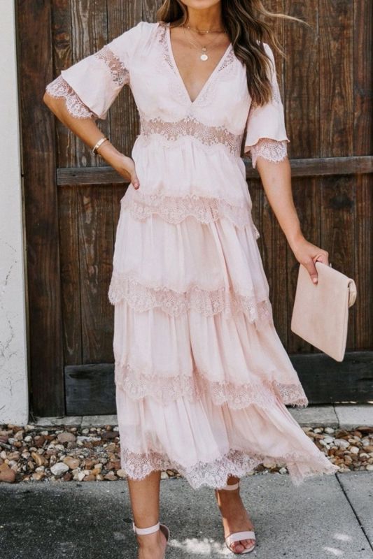 Fashion Ladies Half Sleeve Bohemian Deep V Neck Lace Solid  Maxi Dress