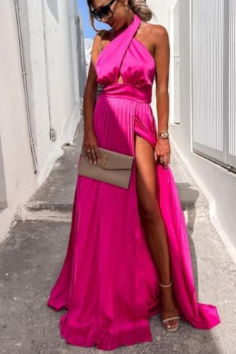 Elegant Solid Color High Waist Party Fashion Backless Pleated  Maxi Dress