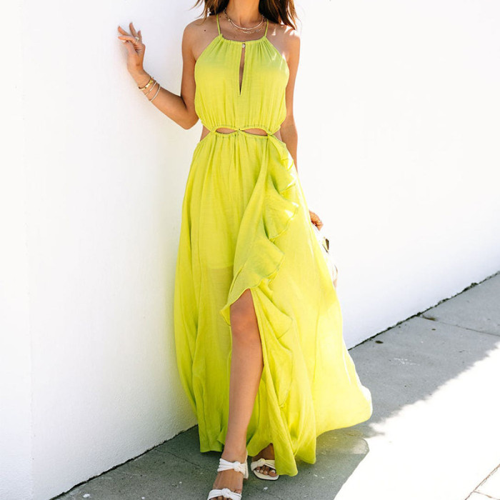 Fashion Bohemian Halter Neck Open Waist Irregular Ruffle  Maxi Dress