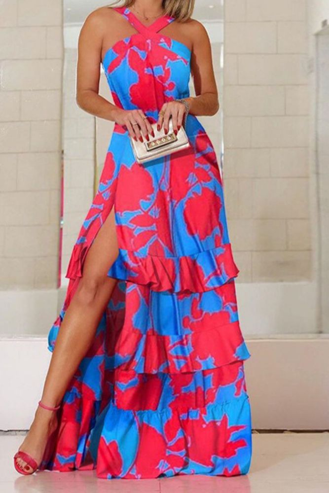 Women Fashion Sexy Bohemian Print Cutout Wedding Guest Dress