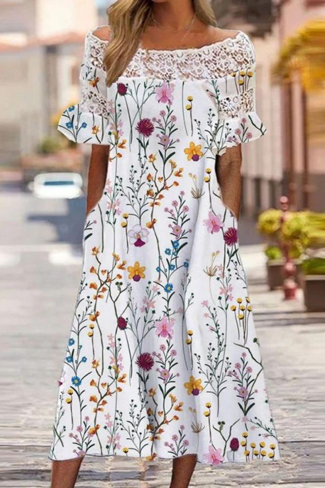 Embroidered Lace Elegant Off-Shoulder Printed A-Line Party Backless Casual Dress