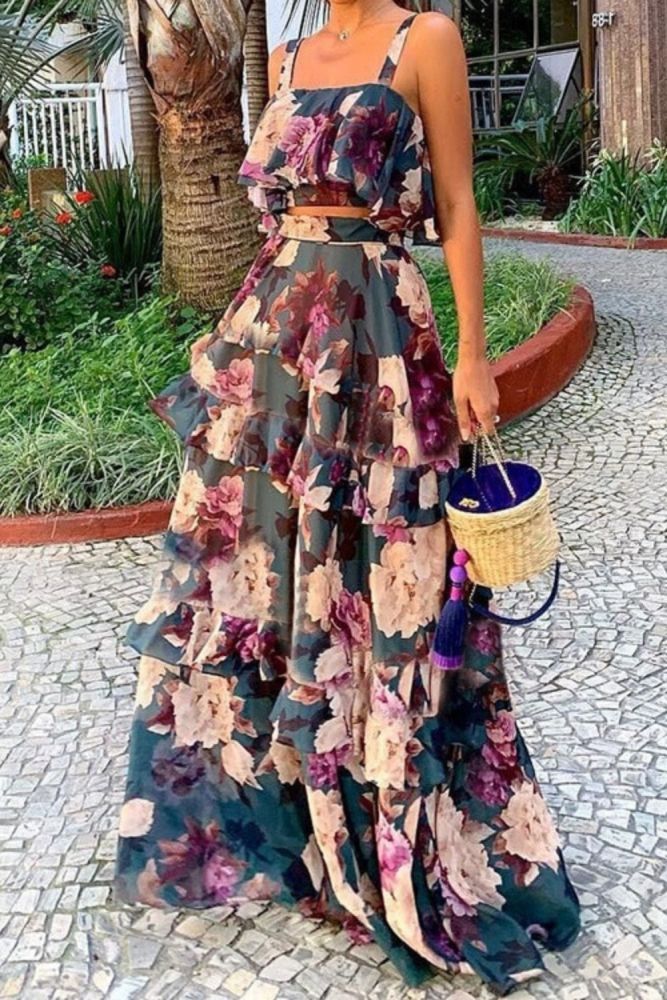 Summer Sling Crop +Floral Printed Ruffled High Waist Bohemian Wedding Guest Dress