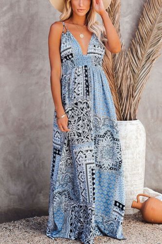 Boho Print V Neck Open Back Casual Sexy Sleeveless Maxi Dress