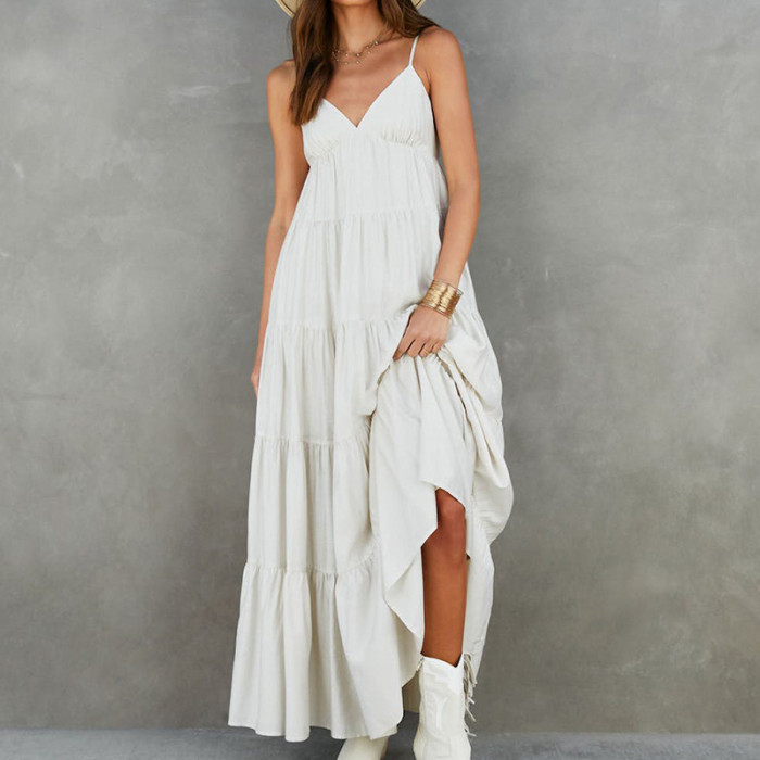 Sexy V-Neck Suspenders Large Swing Casual Backless Maxi Dress