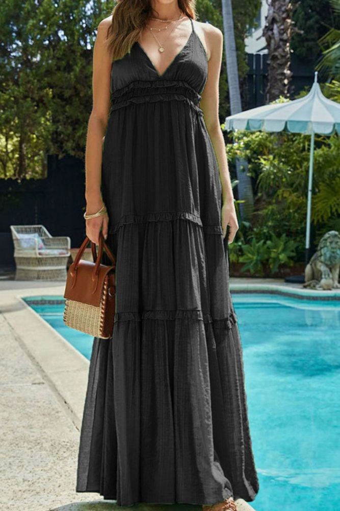 Fashion Solid Color Party Ruffle Deep V Neck Backless Maxi Dress