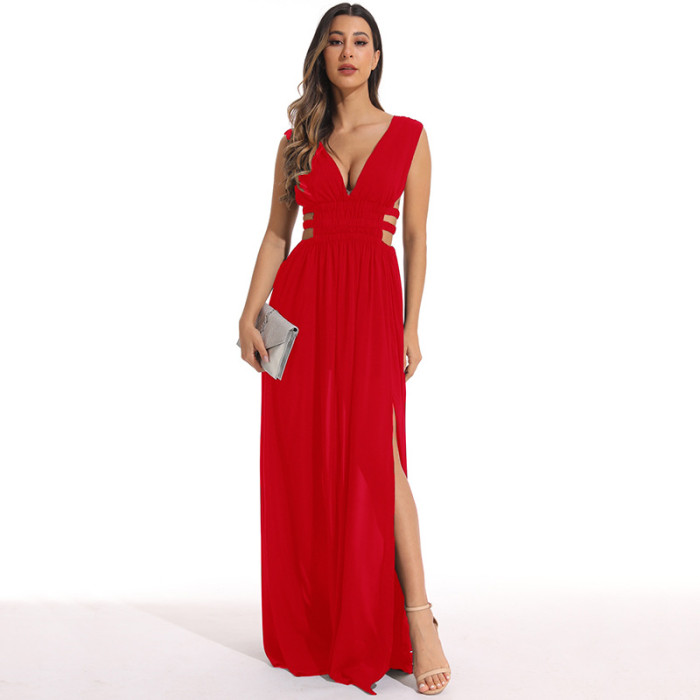 Solid Color Sexy Deep V Neck Open Back Large Swing Elegant  Maxi Dress