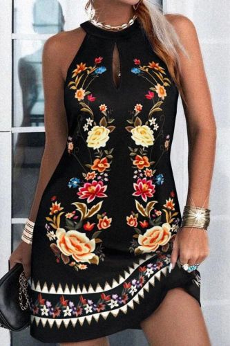 Cutout Sleeveless O-Neck Print Elegant Loose Casual Mini A-Line Dress