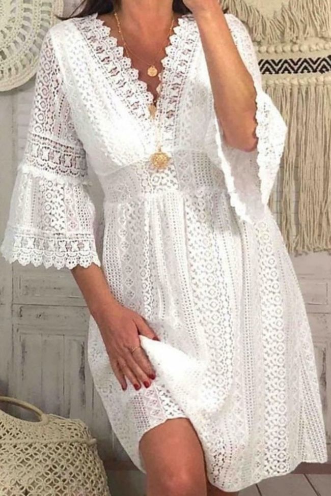 Fashion V Neck Embroidered Lace Sexy Solid Color Cutout Party Wedding Guest Dress