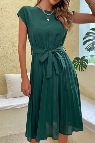 Fashion Elegant Beach Pleated Solid Color Open Collar Casual Dress