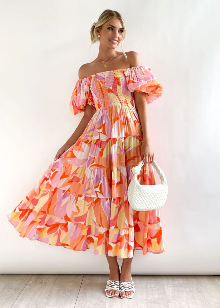 Elegant Floral Print Sexy Backless Slanted Neck High Waist Puff Sleeve Sheath Maxi Dress