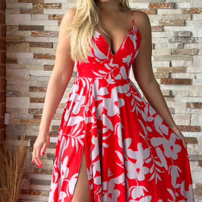 Fashion Print Sexy V Neck High Waist Swing Wedding Guest Dress