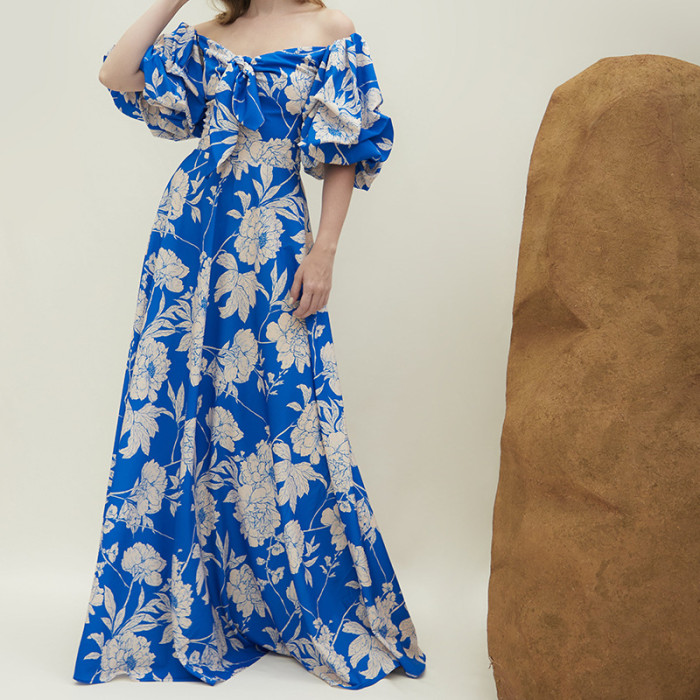 Elegant Printed Strapless Strapless Puff Sleeve High Waist Party Wedding Guest Dress