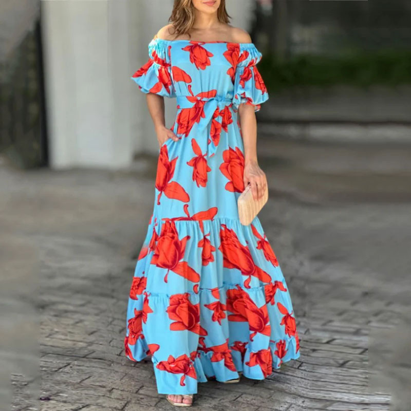 Sexy Printed One Shoulder Tie Puff Sleeve Fashion  Maxi Dress