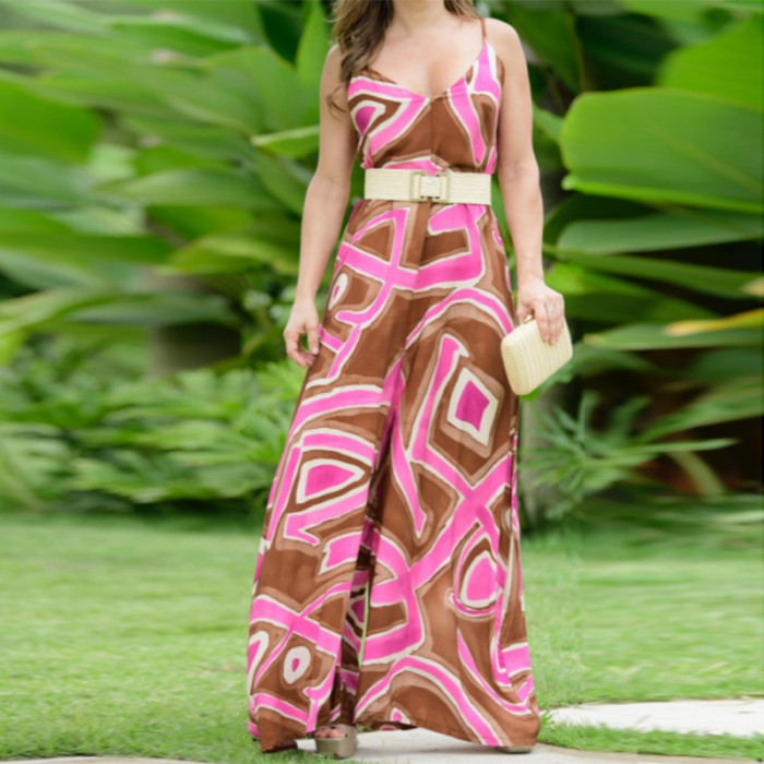 Fashion Ladies Abstract Graffiti Casual Loose Sleeveless Suspender Jumpsuit