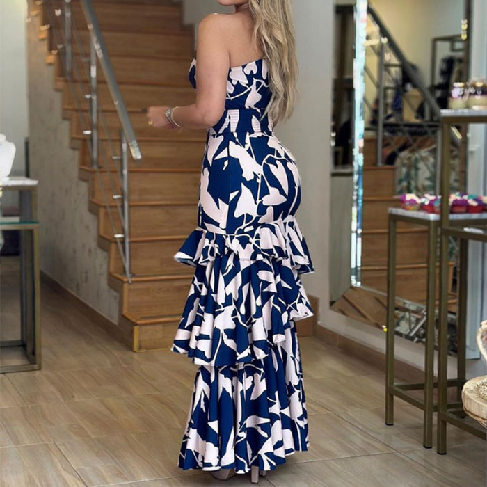 Fashion Ladies Printed Shoulderless Sleeveless Tie Pleated Wedding Guest Dress