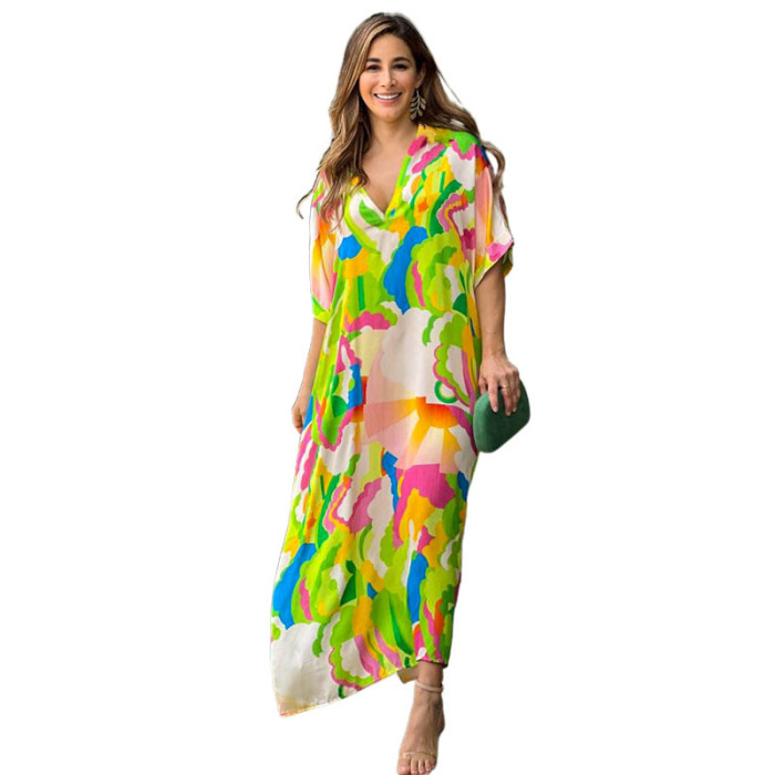 Fashion Casual Elegant Painted Print Short Sleeve Swing  Maxi Dress