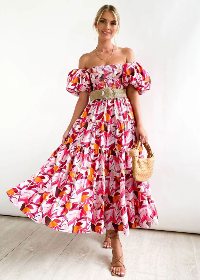 Elegant Floral Print Sexy Backless Slanted Neck High Waist Puff Sleeve Sheath Maxi Dress