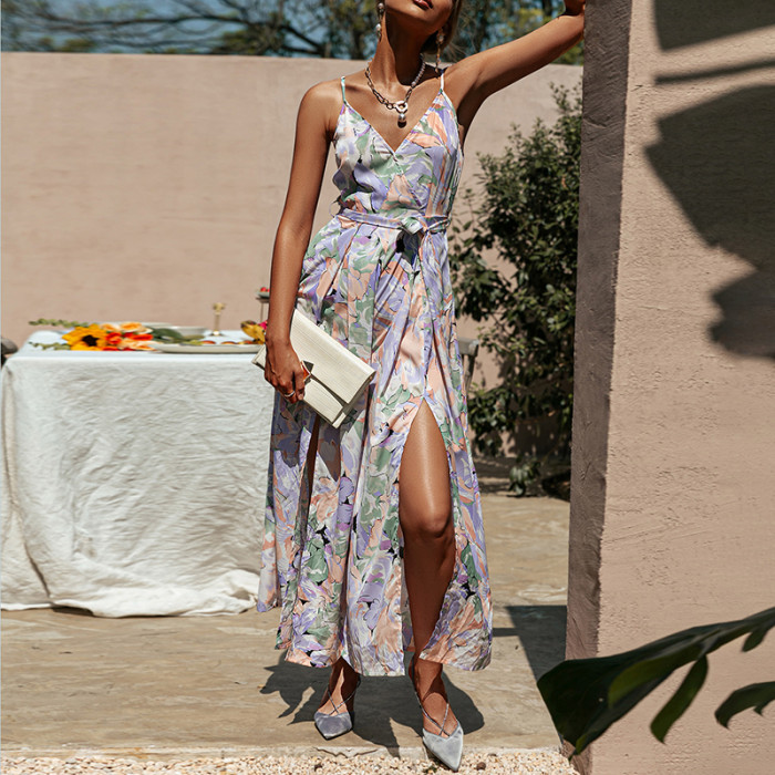 Fashion V Neck Camisole Sexy Backless Ties Casual Printed Slit Maxi Dress