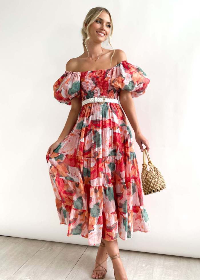Elegant Floral Print Sexy Backless Slanted Neck High Waist Puff Sleeve Sheath Maxi Dress