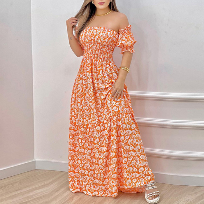 Bohemian Strapless Strapless Elegant Lantern Sleeve High Waist  Maxi Dress