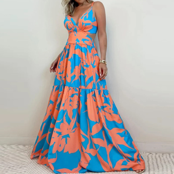 Sexy Retro Print Lace Up Hollow Backless High Waist Fashion Wedding Guest Dress