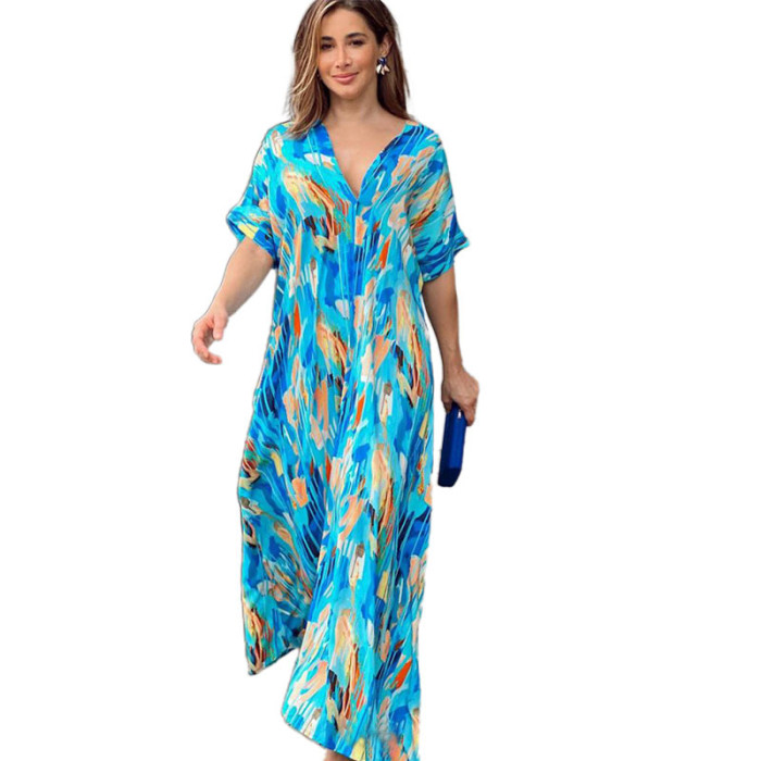 Fashion Casual Elegant Painted Print Short Sleeve Swing  Maxi Dress