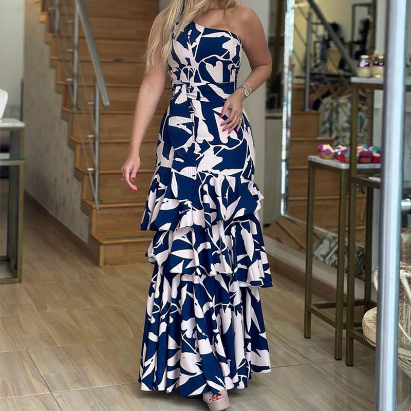 Fashion Ladies Printed Shoulderless Sleeveless Tie Pleated Wedding Guest Dress