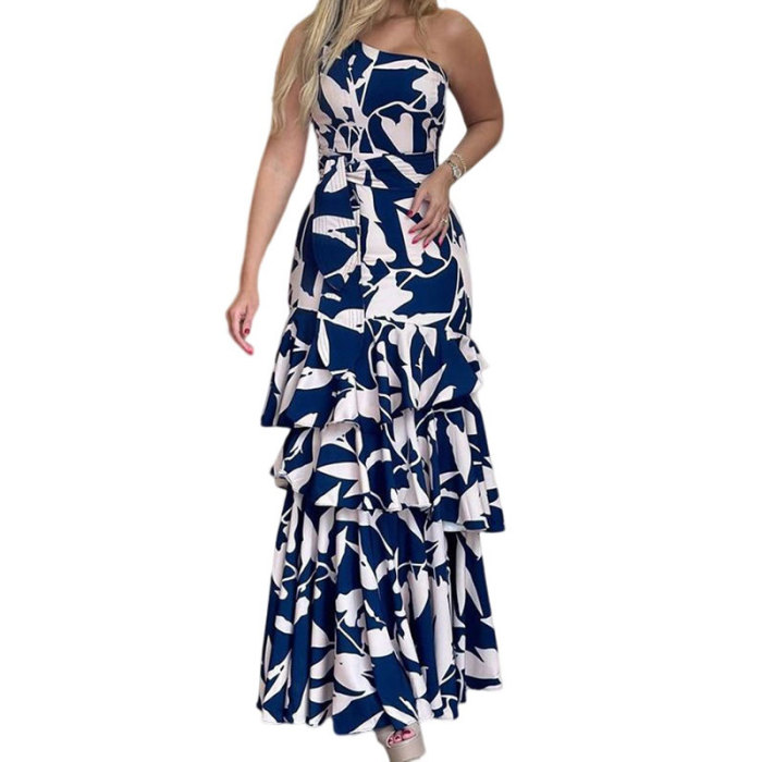 Fashion Ladies Printed Shoulderless Sleeveless Tie Pleated Wedding Guest Dress