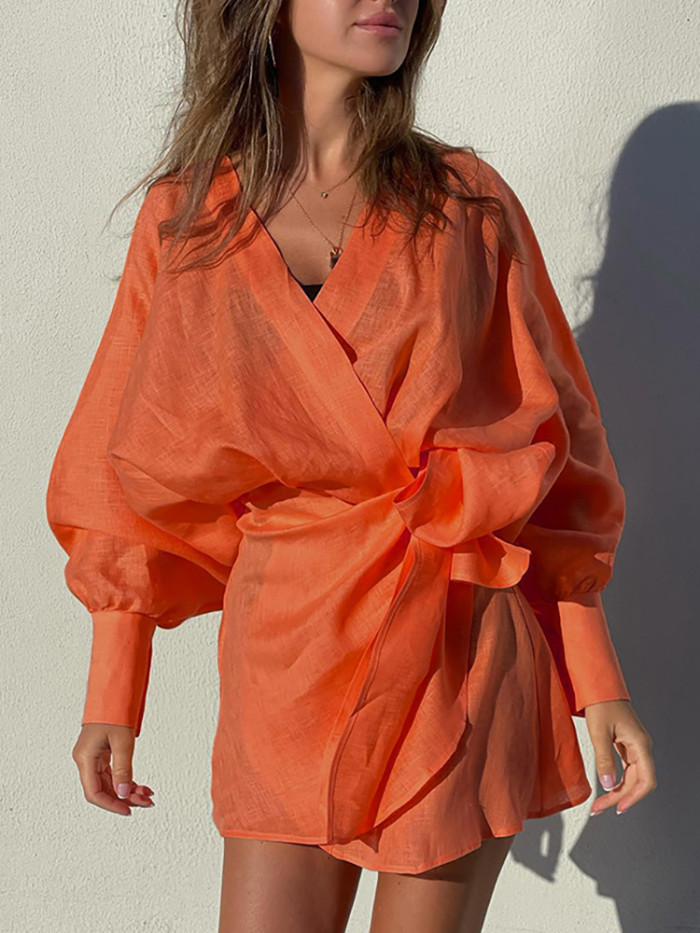 Solid Color Chic V Neck Balloon Sleeve Belt Party Casual Dress