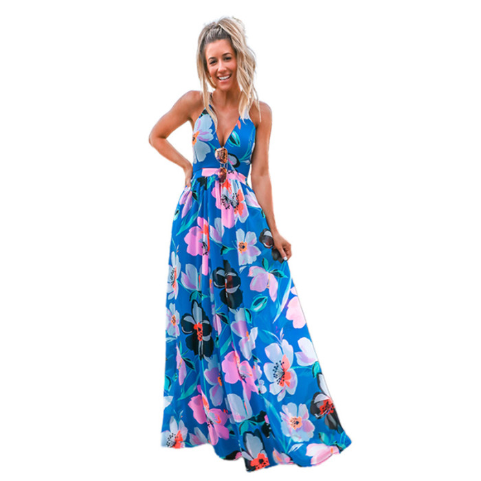 Bohemian Vacation Deep V Neck Backless Sexy Halter Neck Flower Print Dress